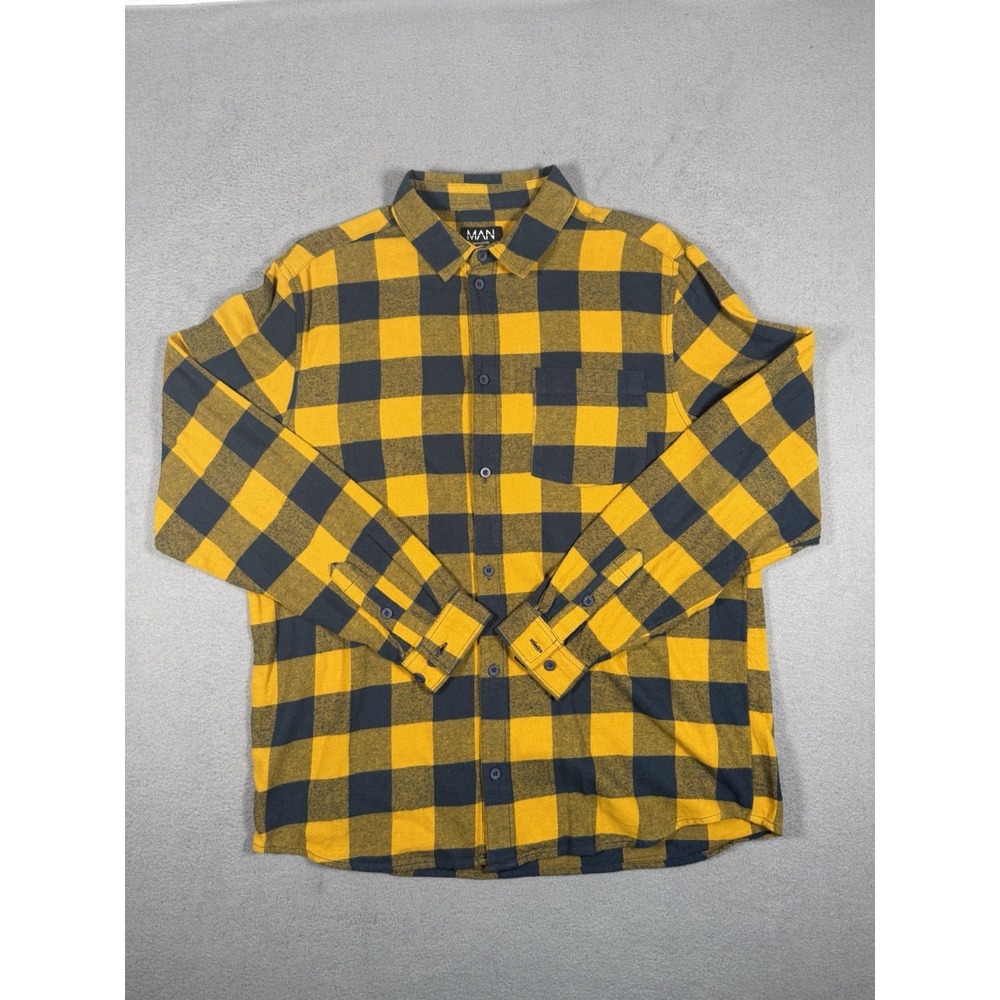 BoohooMAN Flannel Shirt Long Sleeve Plaid Yellow Black Size M